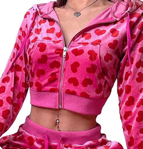 Women Pink Heart Print Zip Up Y2k Velvet Crop Hoodies Long Sleeve Kawaii Cropped Sweatshirts