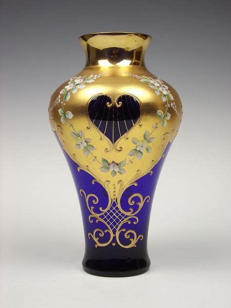 Tall Cobalt Blue Coloured Vase With Raised Enamelled Gilded