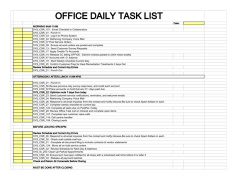 Task List Template For Employees