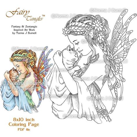 Fairy Tangles Printable Coloring Pages Norma J Burnell Fairies Etsy