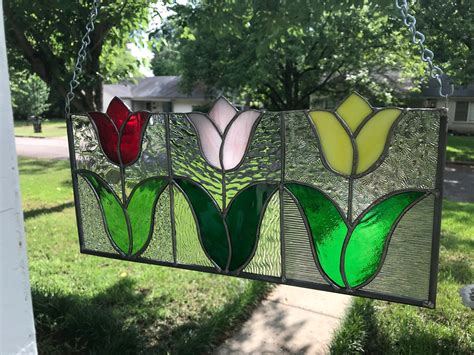 Stained Glass Window Panel Suncatcher Spring Tulips Approx Size 8x 17