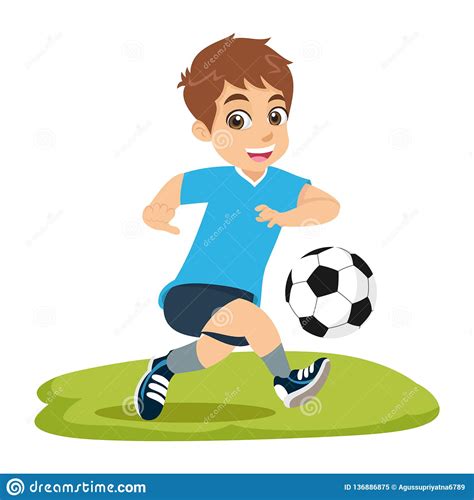 Cute Cartoon Little Boy Playing Football Or Soccer Stock Vector