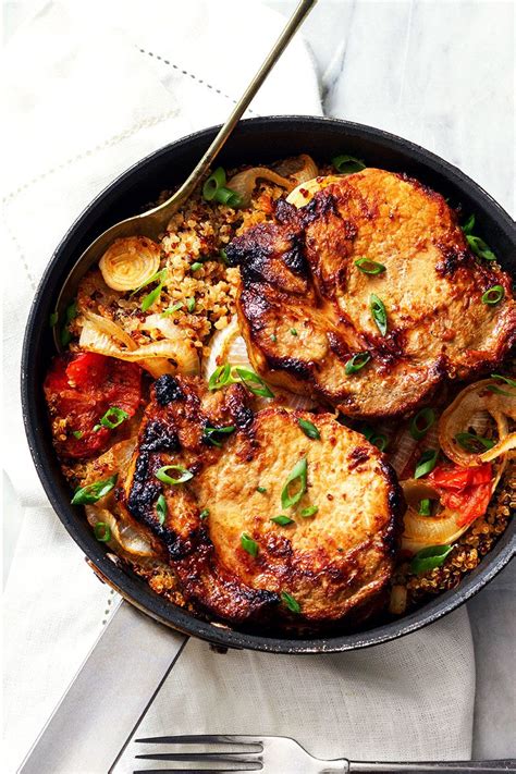 Dredge each side of the pork chops in the flour mixture, and then set aside on a plate. One Pan Pork Chops with Quinoaa Recipe — Eatwell101