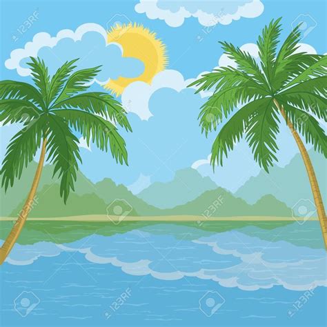 Paisaje Tropical Palmeras Isla Del Mar Y El Cielo Con Nubes Y Sol Vector Palm Trees