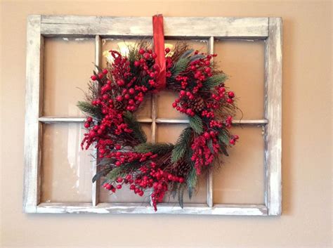 Old Window With Christmas Berry Wreath Window Frame Crafts Window