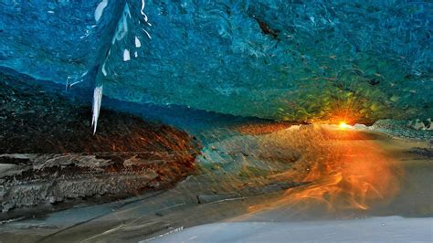 Ice Cave At Sunset In Vatnajökull National Park Iceland