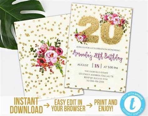 20th Birthday Invitation Editable Gold Glitter 20th Birthday Etsy
