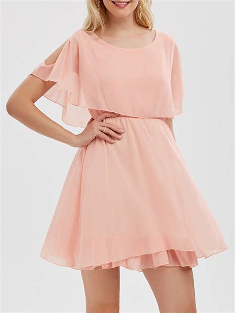 Pink S Chiffon Cold Shoulder Mini Summer Dress