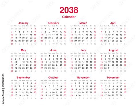 Calendar 2038 12 Months Yearly Vector Calendar In Year 2038