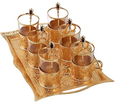 Turkish Tea Set For 6 Decorated Glasses With Brass Holders Tray