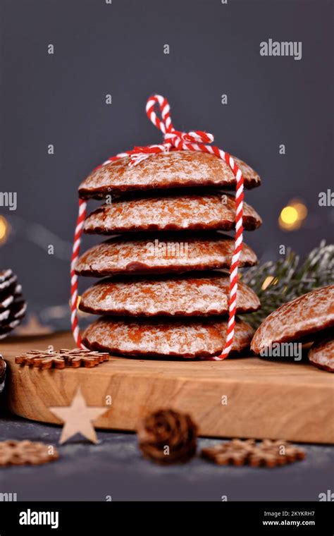 Stack Of Traditional German Round Glazed Gingerbread Christmas Cookie