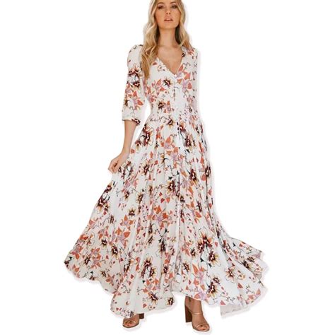 Teelynn Boho Maxi Dress Spring Floral Print Cotton Sexy V Neck