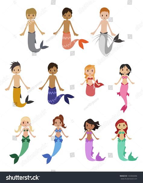 Set Lovely Cartoon Mermaids Merman Stock Vector 143302696 Shutterstock