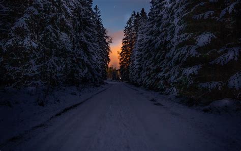 Download Wallpaper 3840x2400 Road Trees Snow Winter Dusk Dark 4k