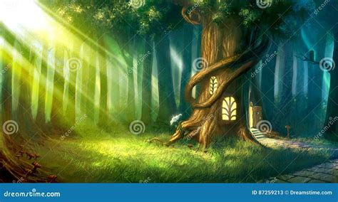 Digitally Painted Magic Forest With Cute Fairy Tale Tree House Stock
