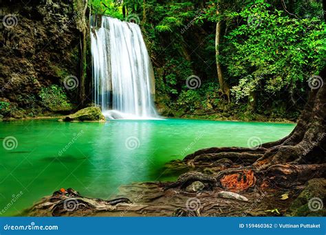 Beautiful Waterfall In The Rainforest Jungle Of Thailand Erawan