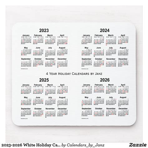 2023 2026 White Holiday Calendar By Janz Mouse Pad
