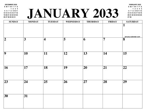January 2033 Calendar Of The Month Free Printable January Calendar Of