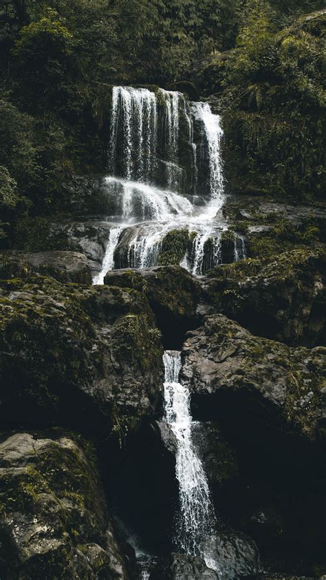 Download Wallpaper 2160x3840 Waterfall Stones Flow Water Moss