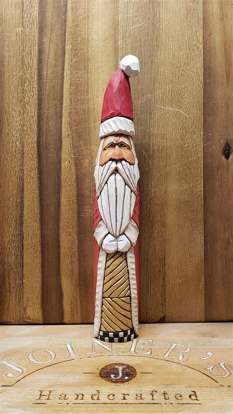 Wood Carving Antiqued Wooden Santa Carving In A Red Robe Etsy Wood