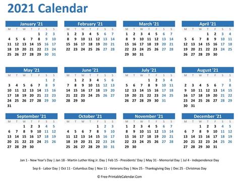 Printable month calendar 2021 free february 2021 calendar printable. 2021 Yearly Calendar Printable Horizontal | Printable ...