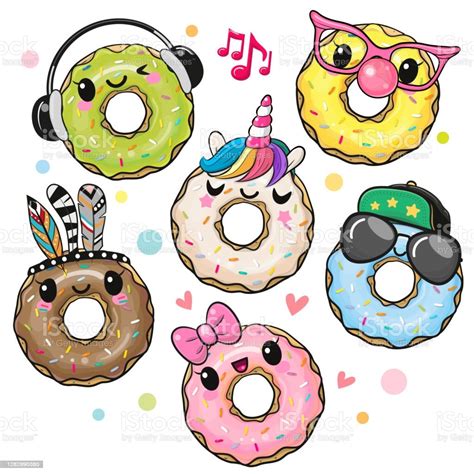 Set Of Cute Cartoon Donuts Isolated On A White Background