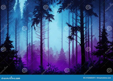 A Foggy Wood Pine Forest With Dark Trees Shillouettes And Purple Blue