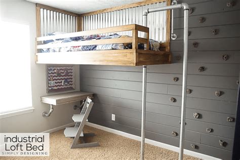 Industrial Loft Bed With Rock Wall And Firemans Pole