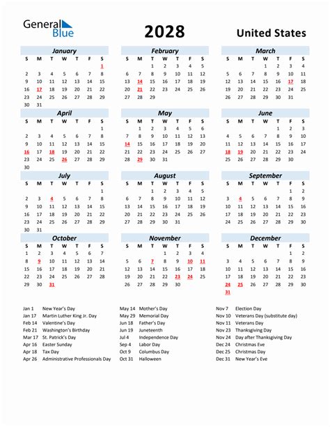 2028 Yearly Calendar For United States With Holidays