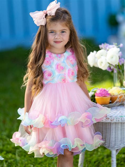 Girls Easter Dresses Pink Rainbow Roses Elegant Tulle Tutu Dress