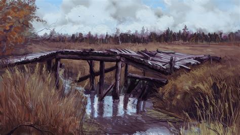 Wallpaper Landscape Painting Nature Reflection Grass Winter Morning Bridge River