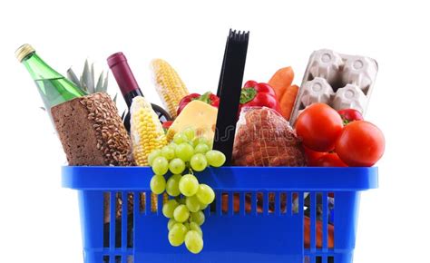 Plastic Shopping Basket With Assorted Grocery Products Stock Photo