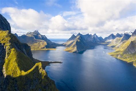 Aerial View Of Mountains And Sea Surrounding Reine Bay Moskenes