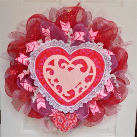 Valentines Day Fleur De Lis Double Heart Deco Mesh Wreath Etsy