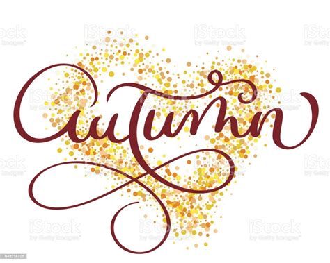 Autumn Word On Gold Background In Form Of Heart Vintage Hand Drawn