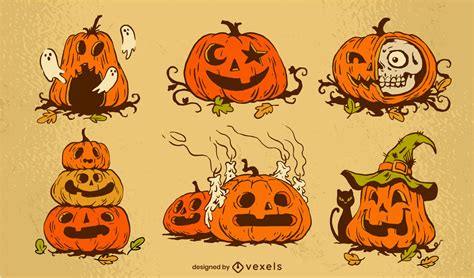Halloween Holiday Scary Pumpkin Vintage Set Vector Download