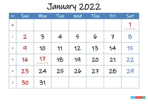 Printable January 2022 Calendar Word Template Ink22m13