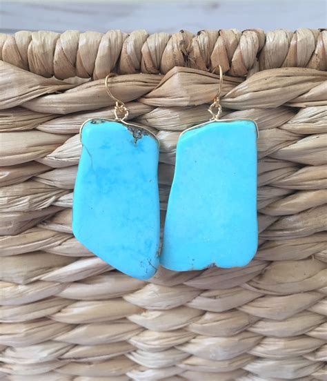 Turquoise Stone Earrings Gemstone Dangle Earrings Boho Blue Etsy
