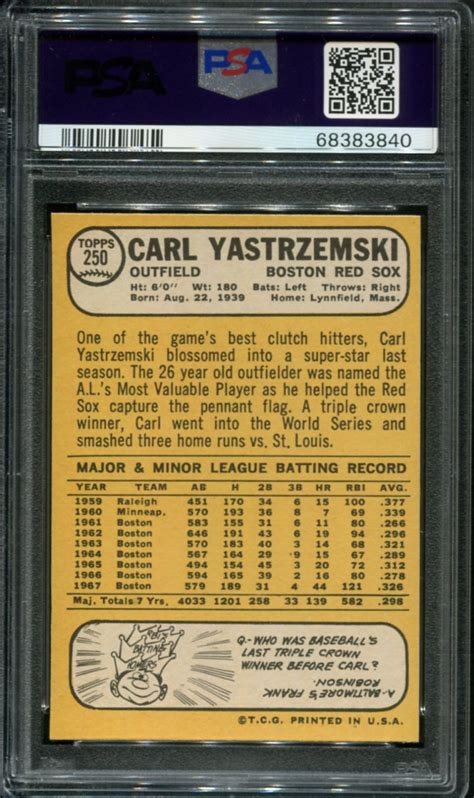 1968 Topps 250 Carl Yastrzemski Psa 7 Hof 68383840 All Star Cards Inc