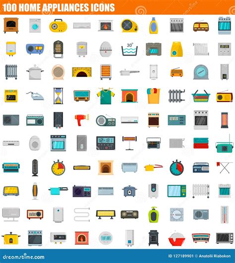 100 Home Appliances Icon Set Flat Style Stock Illustration
