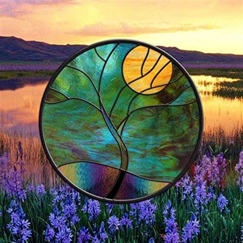 Stained Glass Window Panel • Round Moonlit Tree 19 Handmade Products