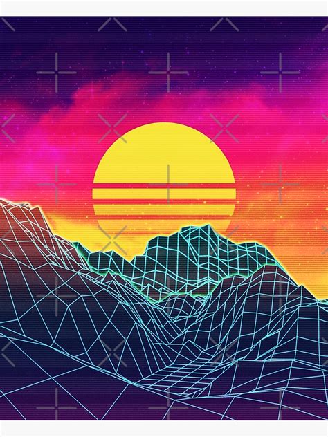 Neon Glowing Sun Grid Mountain Retro 80s Design Canvas Print For Sale