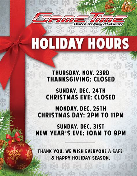 Gametime Holiday Hours 2017 Gametime