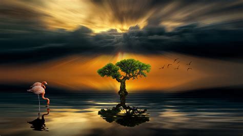 Sunset Dark Cloud Lake Alone Wood Flamingos Art Hd