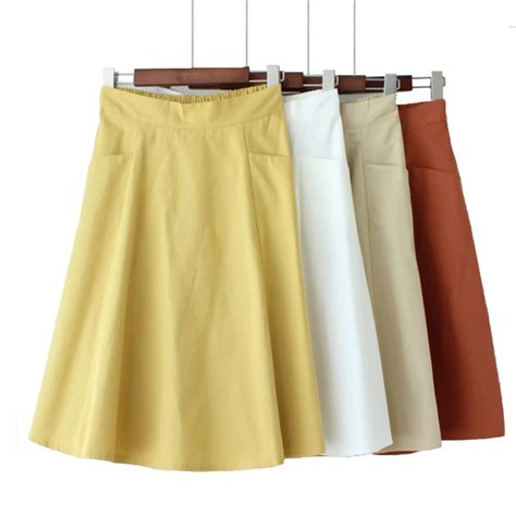 womens white cotton solid knee length skirt with pockets summer a line scool elastic high waist