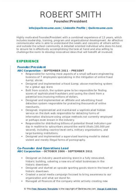 +300 resume samples/examples from various industries and professions showing a range of resume formats. Founder Resume Samples | QwikResume