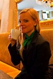 Young German woman drinking coffee at Cafe Gloria, Leipzig, Saxony ...