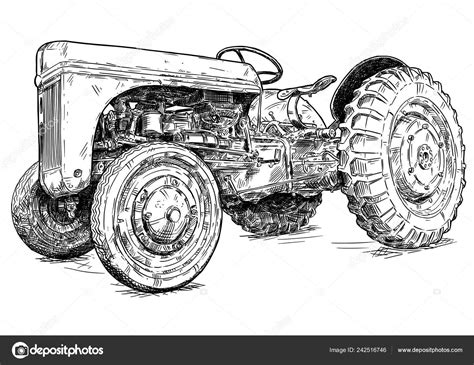 Cartoon Or Comic Style Drawing Of Old Or Vintage Red Tractor Stock