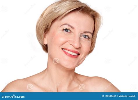 Beauty Conept Mature Woman Standing Isolated On White Smiling Cheerful Close Up Stock Image