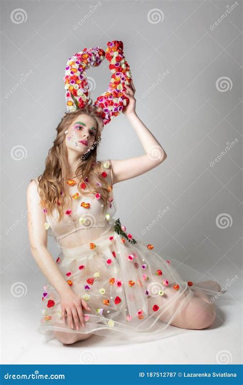 Fantastic Girl Model With Floral Horns Stock Image Image Of Caucasian